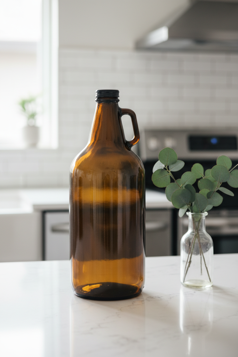 An amber glass growler bottle with a handle and black screw cap, standing on a white marble kitchen counter next to a small glass vase with eucalyptus leaves.