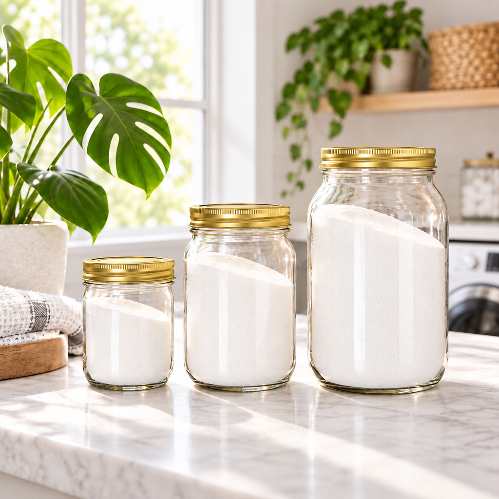 Three sizes of PurposeFill Value Laundry Powder refill jars, 16 oz 32 oz and 64 oz, displayed together in a bright laundry room in Bend, Oregon