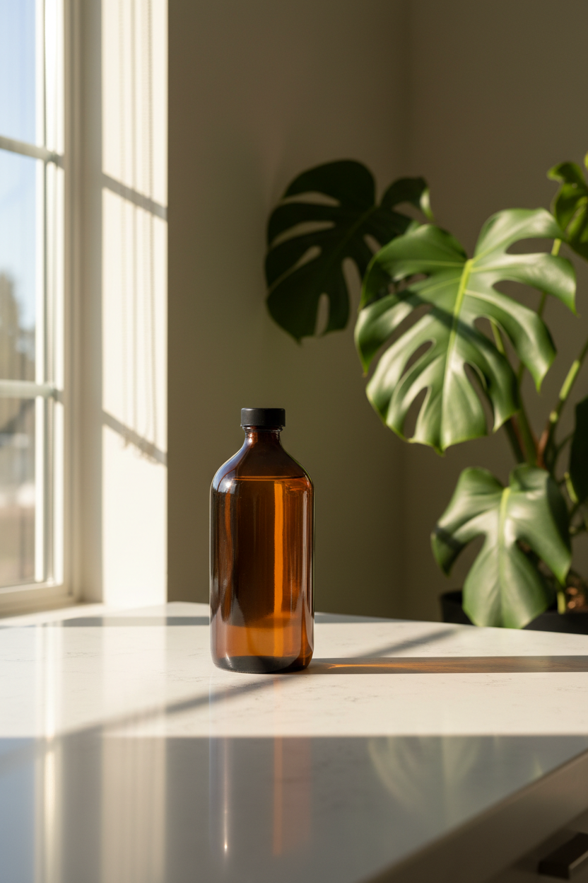 An amber glass bottle with a black cap sits on a white marble countertop in a sunlit room, with a large green monstera plant in the background.