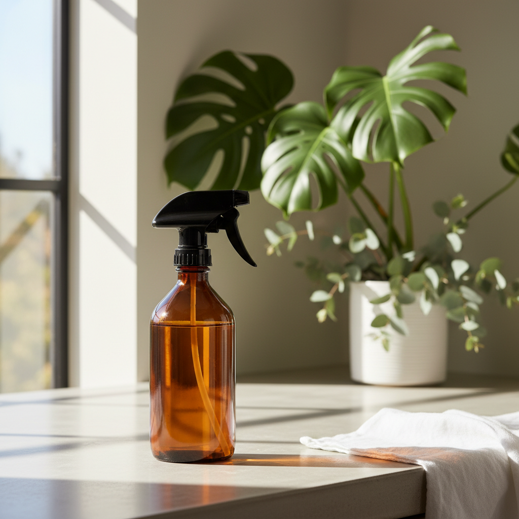 Brown spray bottle on a windowsill with a plant in the background