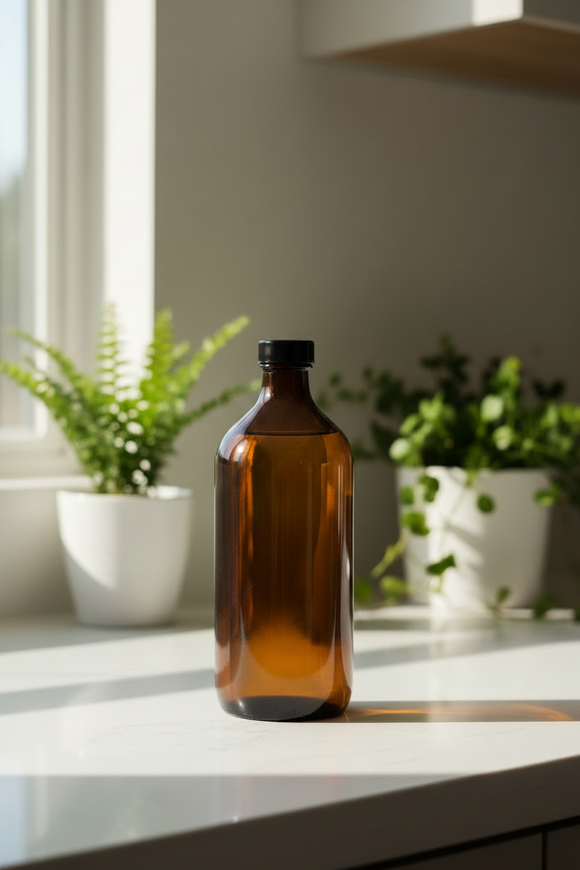 An amber glass bottle with a black cap stands on a white countertop in a bright kitchen or studio setting, with potted plants blurred in the background.