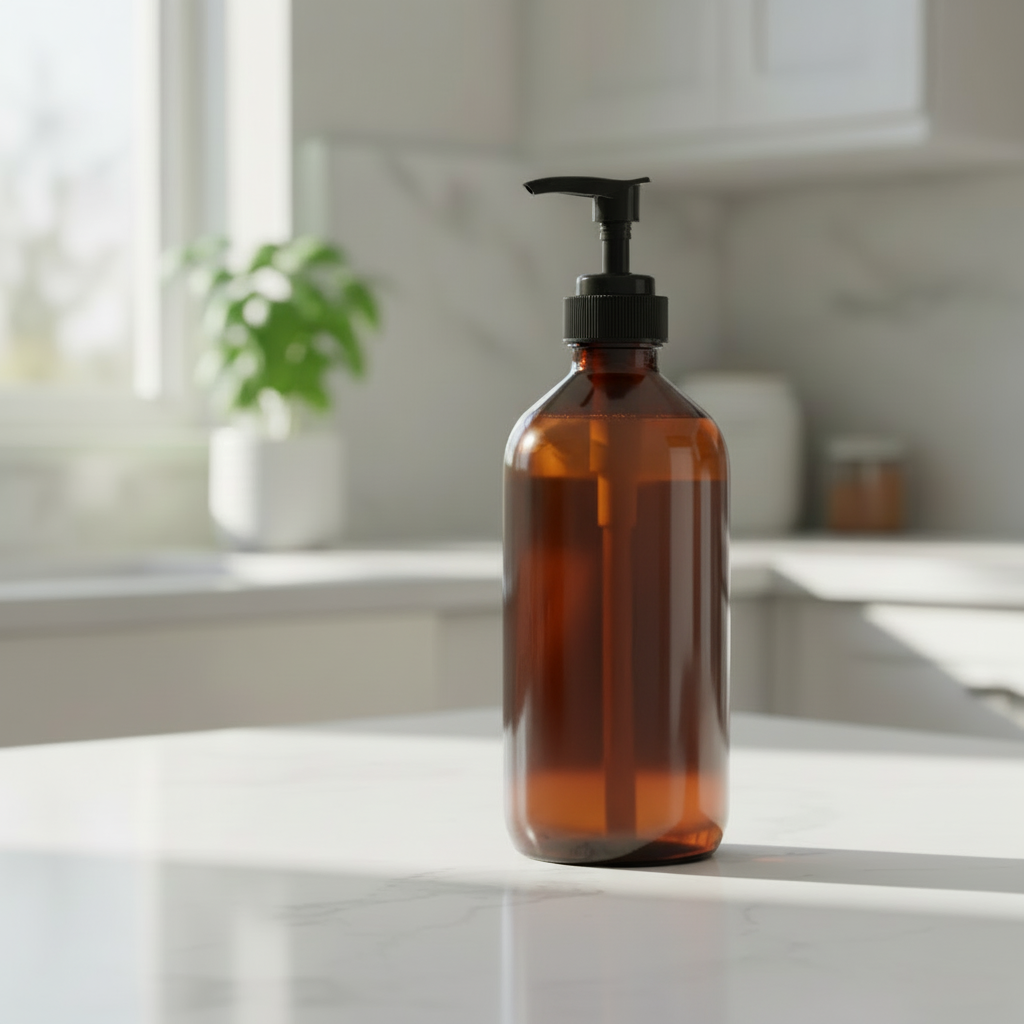 Brown bottle with black pump on a white surface