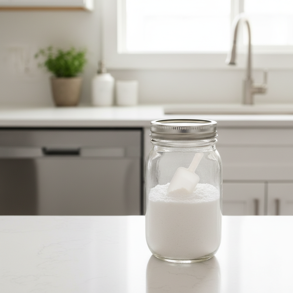 Clear mason jar with white powder and small white scoop