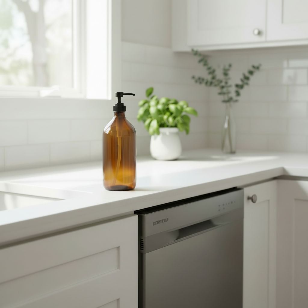 Modern kitchen with white cabinets, a dishwasher, and a small plant on the countertop.