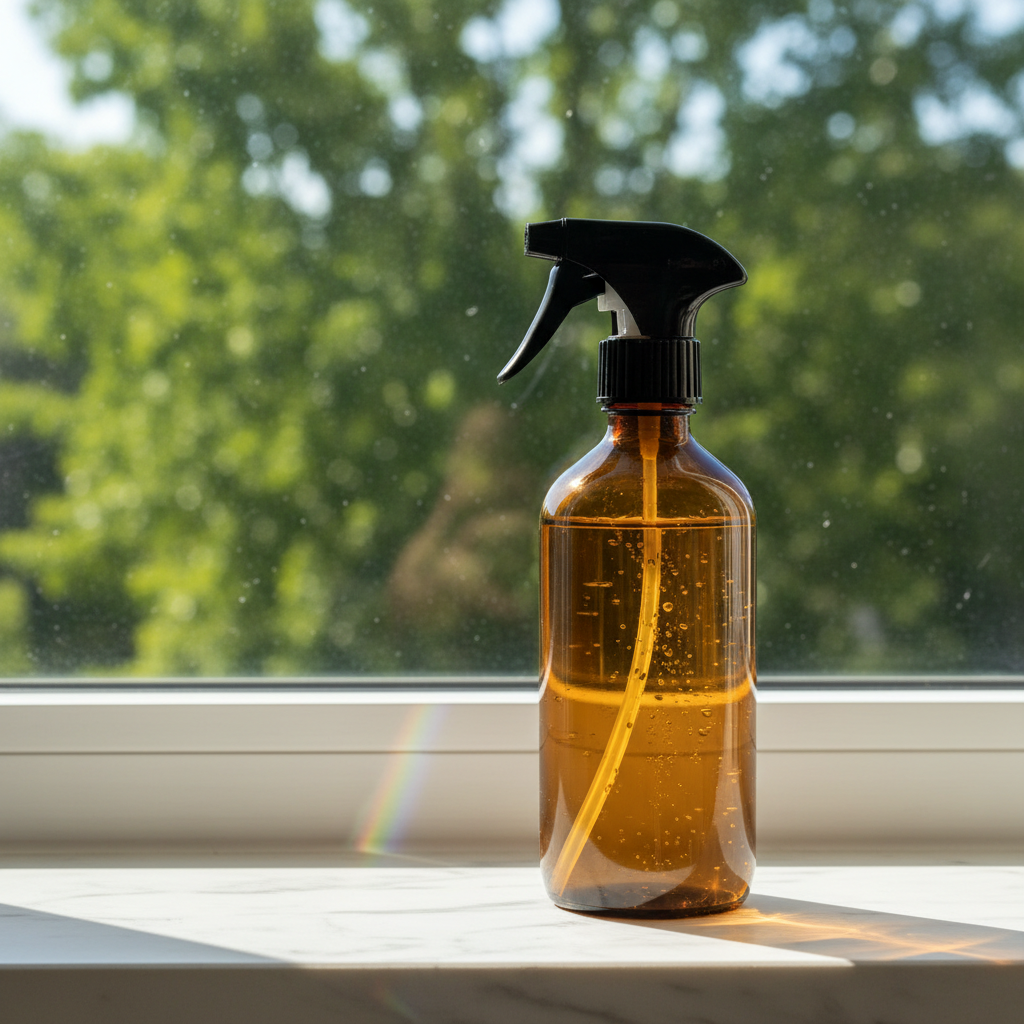 Glass cleaner amber bottle with windows and trees