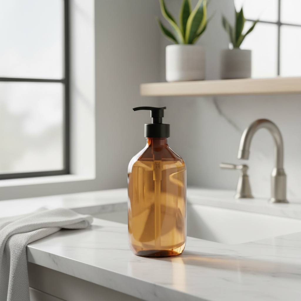 Hand soap amber bottle in bathroom setting