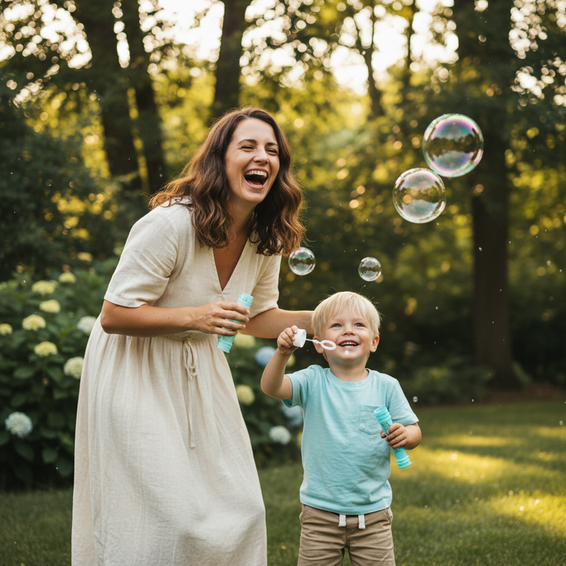 Happy mom and son blowing bubbles