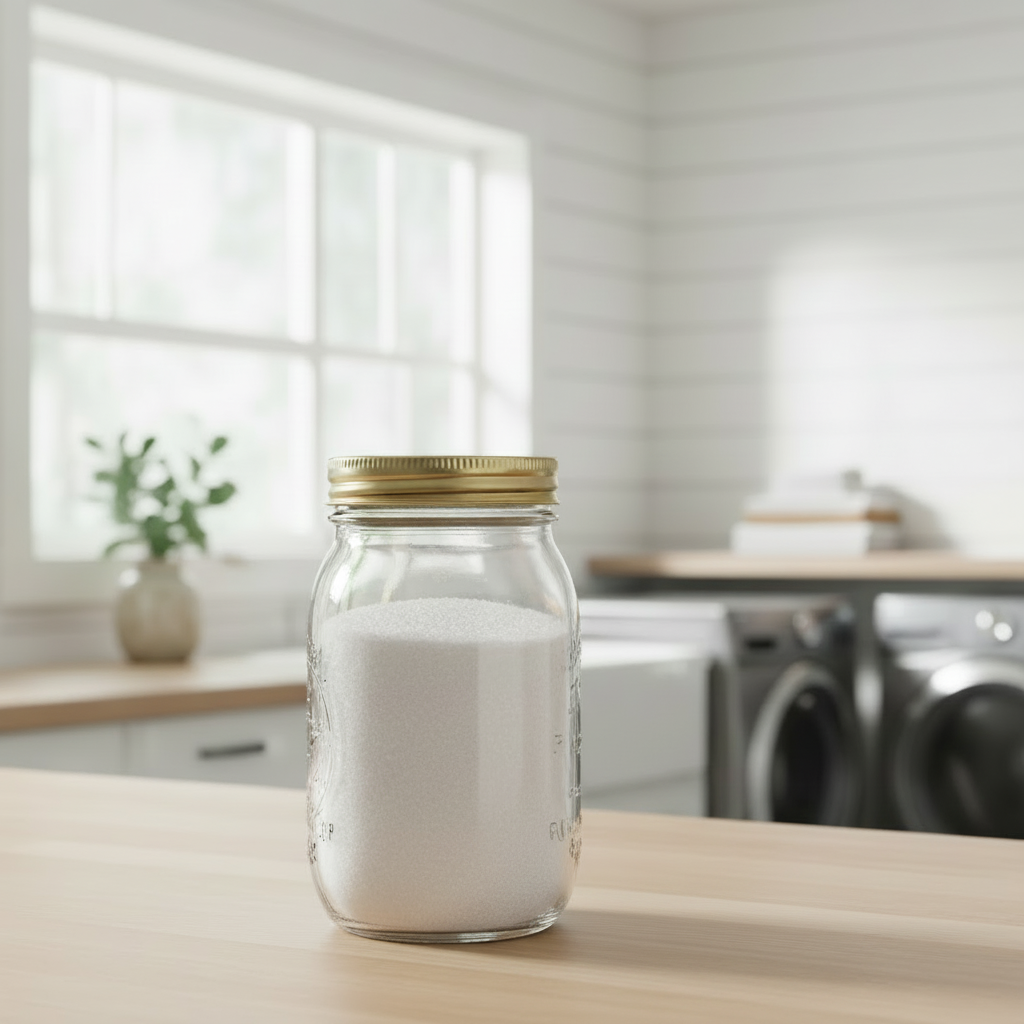 Clear glass jar on a laundry room counter