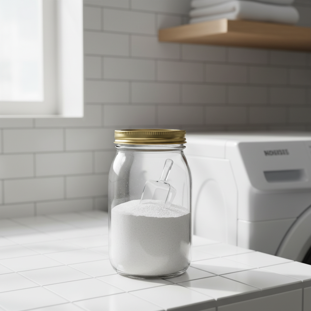 Premium laundry powder with scoop inside jar