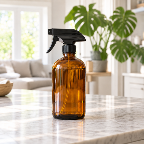 16 oz PurposeFill all-purpose cleaner in an amber glass spray bottle in a light, bright home setting in Bend, Oregon.