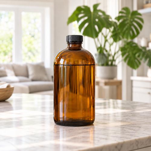 32 oz PurposeFill all-purpose cleaner refill in an amber glass bottle with black cap in a bright home setting in Bend, Oregon.