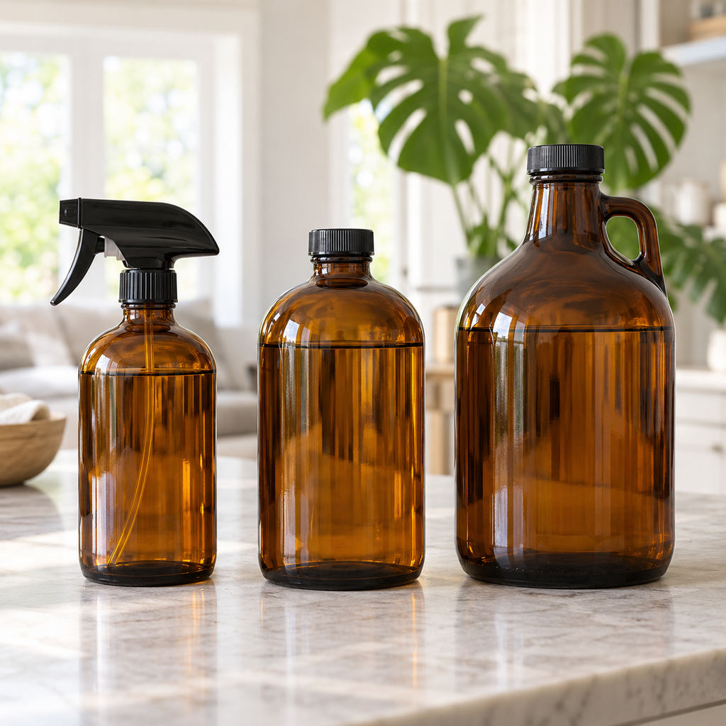 PurposeFill all-purpose cleaner refills in Bend, Oregon, shown in 16 oz, 32 oz, and 64 oz amber glass bottles in a bright home setting with monstera greenery.
