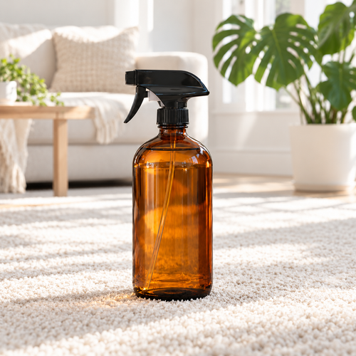 16 oz PurposeFill carpet and rug cleaner in an amber glass spray bottle on a light living room carpet in Bend, Oregon.