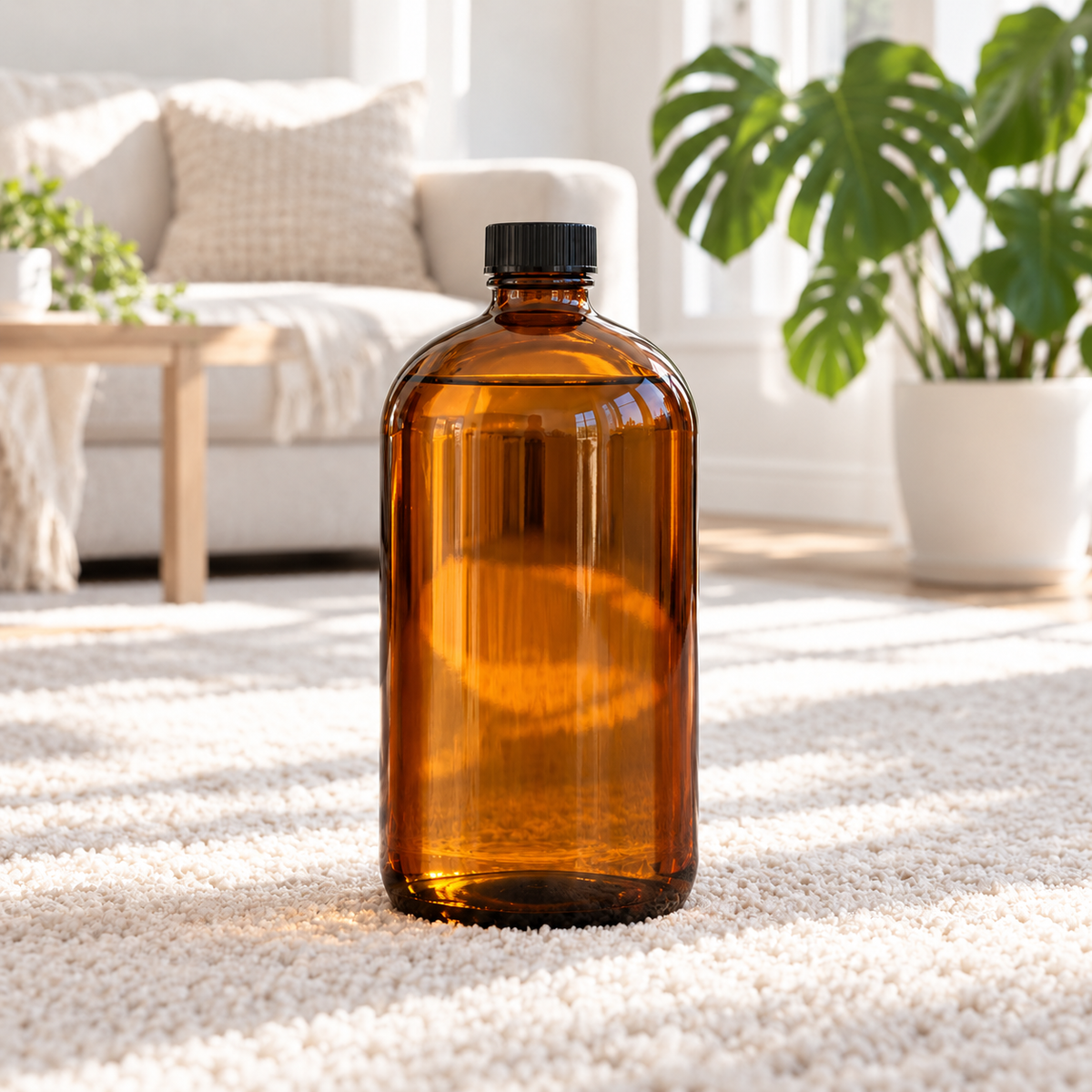 32 oz PurposeFill carpet and rug cleaner refill in an amber glass bottle on a light carpet in Bend, Oregon.