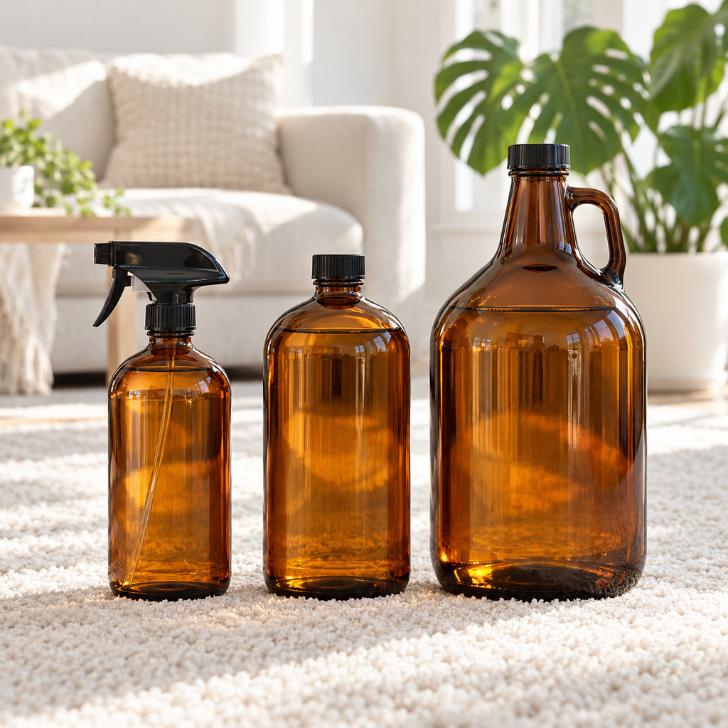 PurposeFill carpet and rug cleaner refills in Bend, Oregon, shown in 16 oz, 32 oz, and 64 oz amber glass bottles on a bright living room carpet.