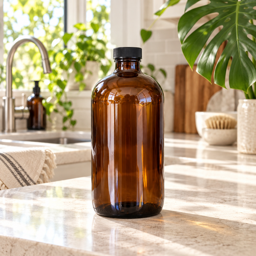 32 oz PurposeFill Castile soap refill in an amber glass bottle in a bright, plant-filled kitchen in Bend, Oregon.