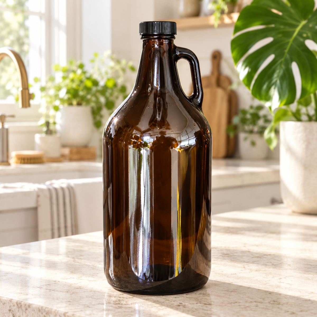 64 oz PurposeFill Castile soap refill in an amber glass growler bottle in a light, modern kitchen.