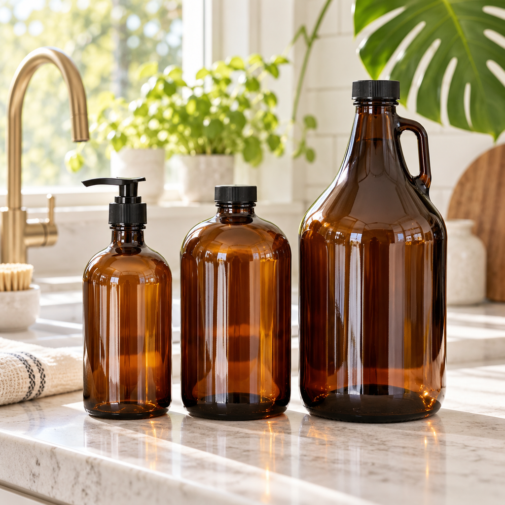 PurposeFill Castile soap refills in 16 oz, 32 oz, and 64 oz amber glass bottles in a bright kitchen in Bend, Oregon.