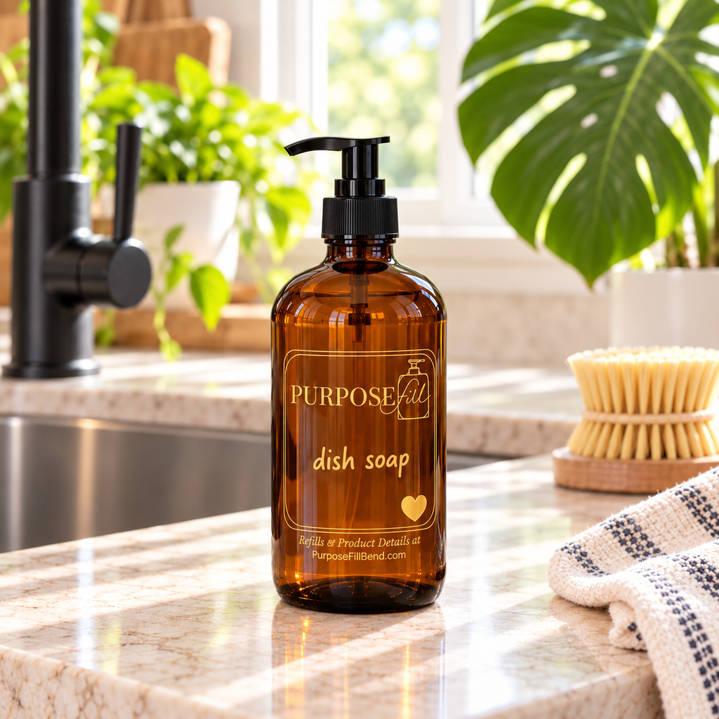 16 oz PurposeFill refillable dish soap in an amber glass bottle with black pump and gold lettering on a bright kitchen counter in Bend, Oregon.