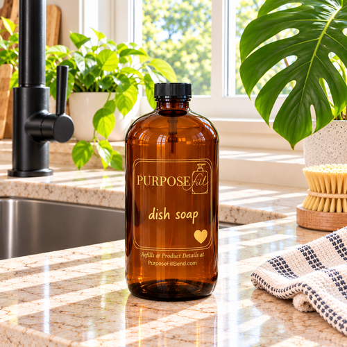 32 oz PurposeFill dish soap refill in a reusable amber glass bottle with black cap and gold lettering in a sunlit kitchen in Bend, Oregon.