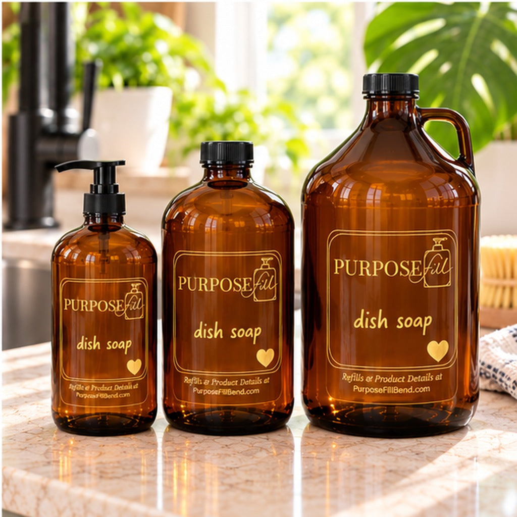 PurposeFill refillable dish soap in 16 oz, 32 oz and 64 oz reusable amber glass bottles with gold lettering, displayed beside a kitchen sink in Bend, Oregon.