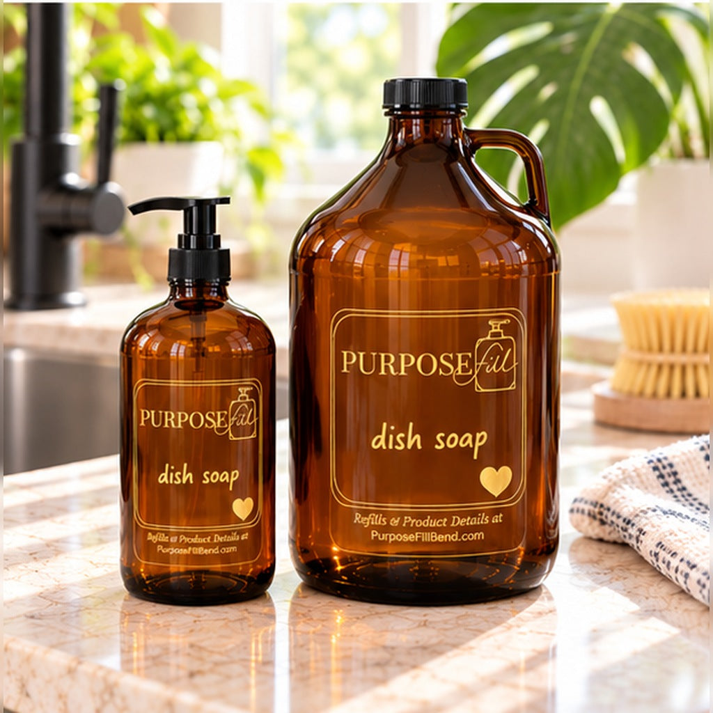 PurposeFill dish soap starter kit with 16 oz amber glass pump bottle and 64 oz refill growler, featuring gold lettering in a bright kitchen in Bend, Oregon.