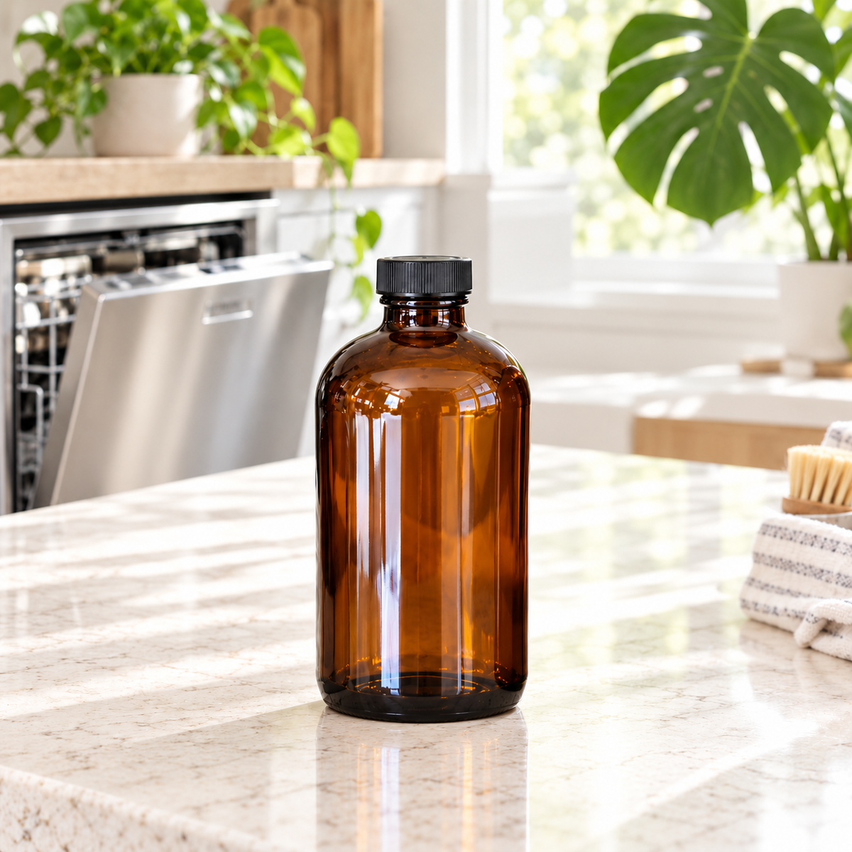 16 oz amber glass bottle of PurposeFill dishwasher gel with black cap in a clean kitchen in Bend, Oregon.