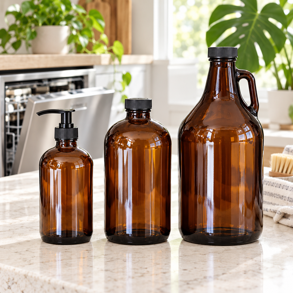 PurposeFill dishwasher gel refills in 16 oz, 32 oz, and 64 oz amber glass bottles in a bright kitchen in Bend, Oregon.