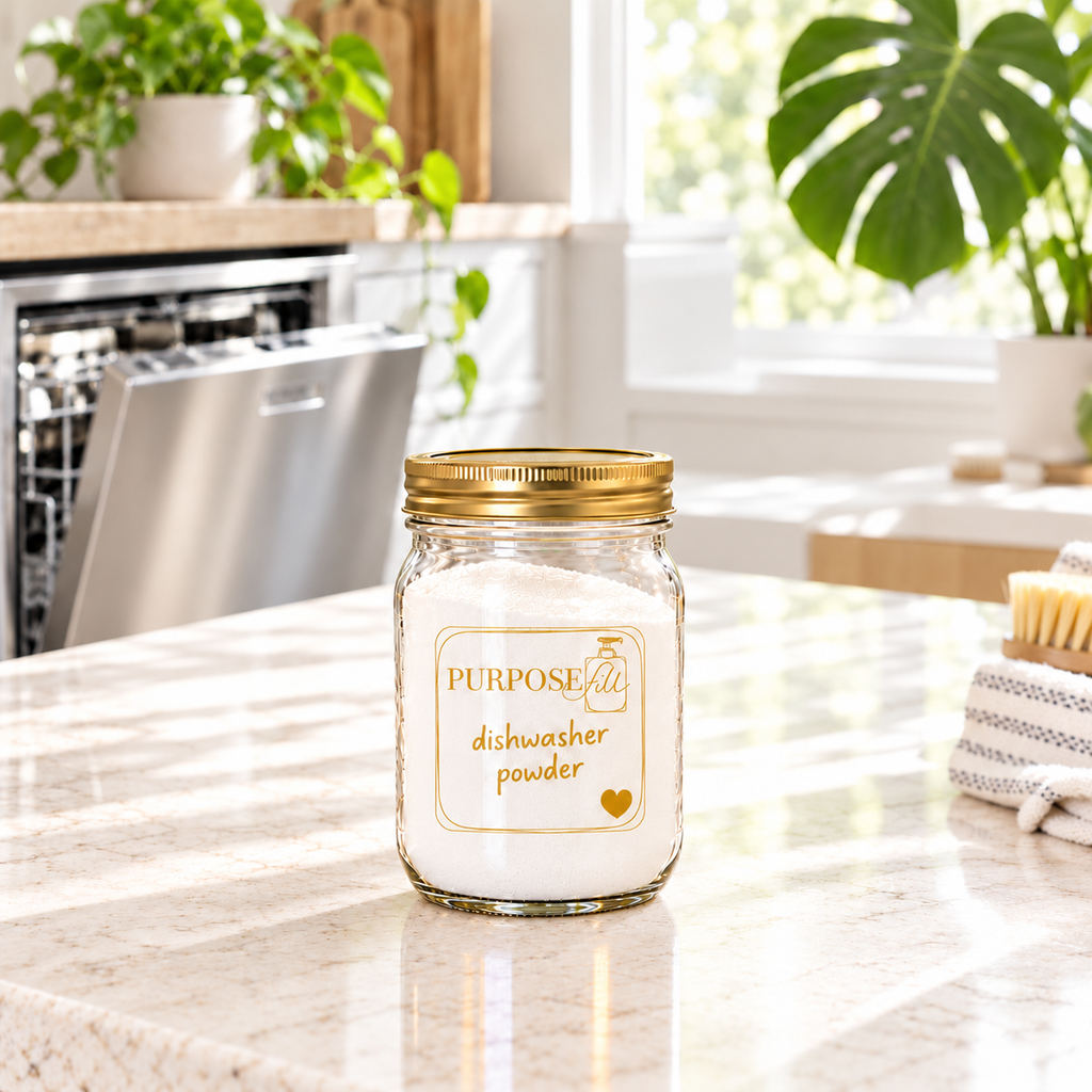 16 oz PurposeFill Dishwasher Powder refill in a clear glass jar with gold lid and handwritten label on a bright kitchen counter in Bend, Oregon.