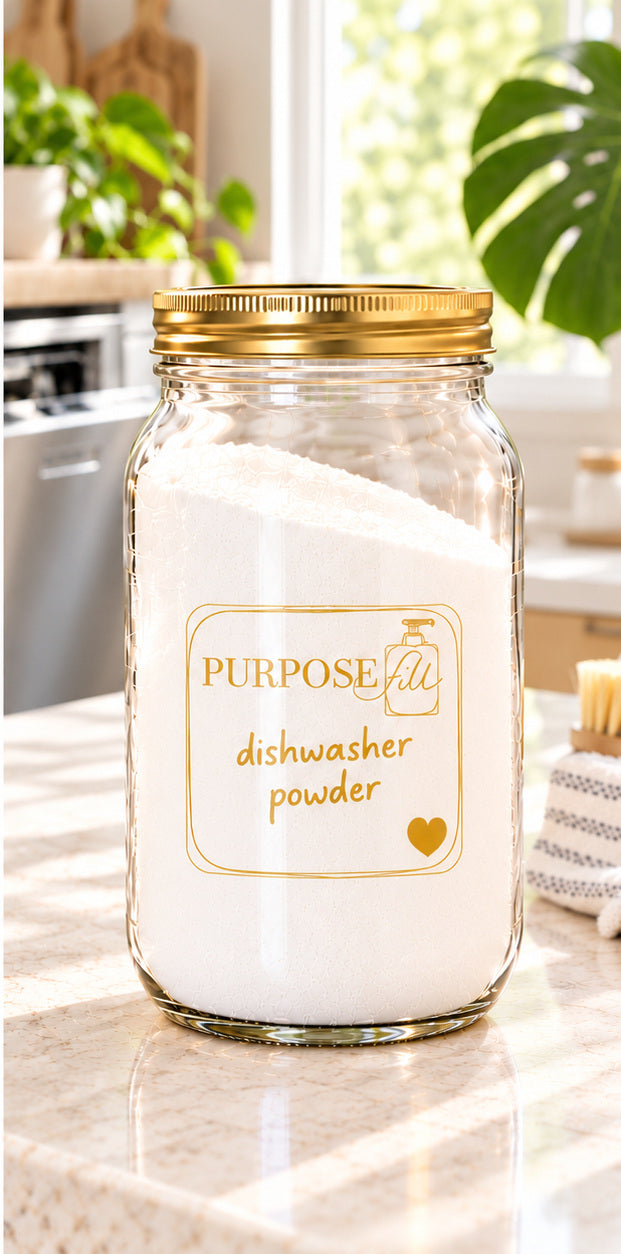 64 oz PurposeFill Dishwasher Powder refill in a clear glass jar with gold lid and handwritten label on a bright kitchen counter in Bend, Oregon.