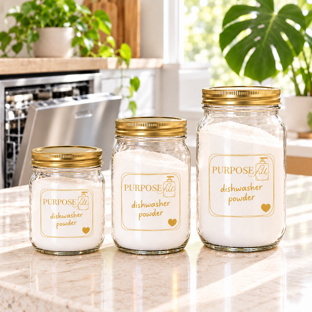 PurposeFill Dishwasher Powder refills in Bend, Oregon, shown in 16 oz, 32 oz, and 64 oz clear glass jars with gold lids on a sunlit kitchen counter with monstera greenery.