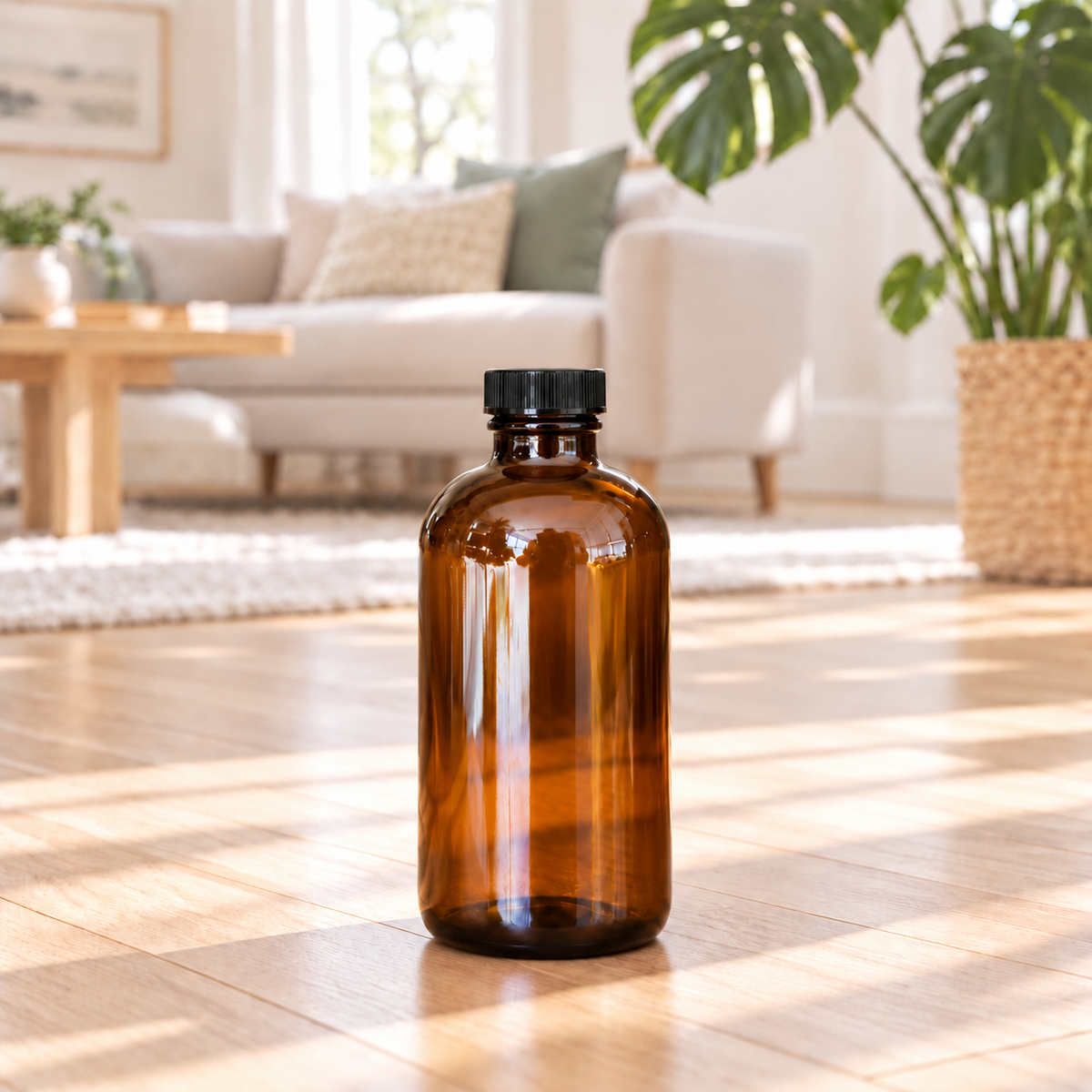16 oz PurposeFill floor cleaner in an amber glass bottle with black top on a sunlit hardwood floor in Bend, Oregon.