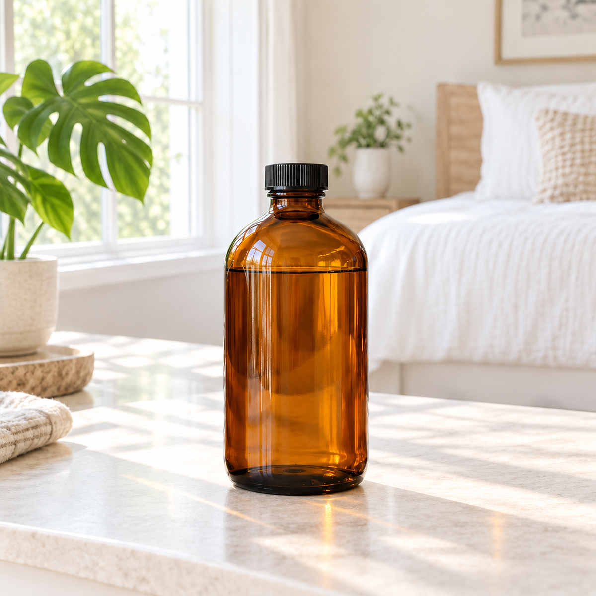 PurposeFill glass cleaner refill in a 16 oz amber bottle with black cap in a light, bright bedroom setting in Bend, Oregon.
