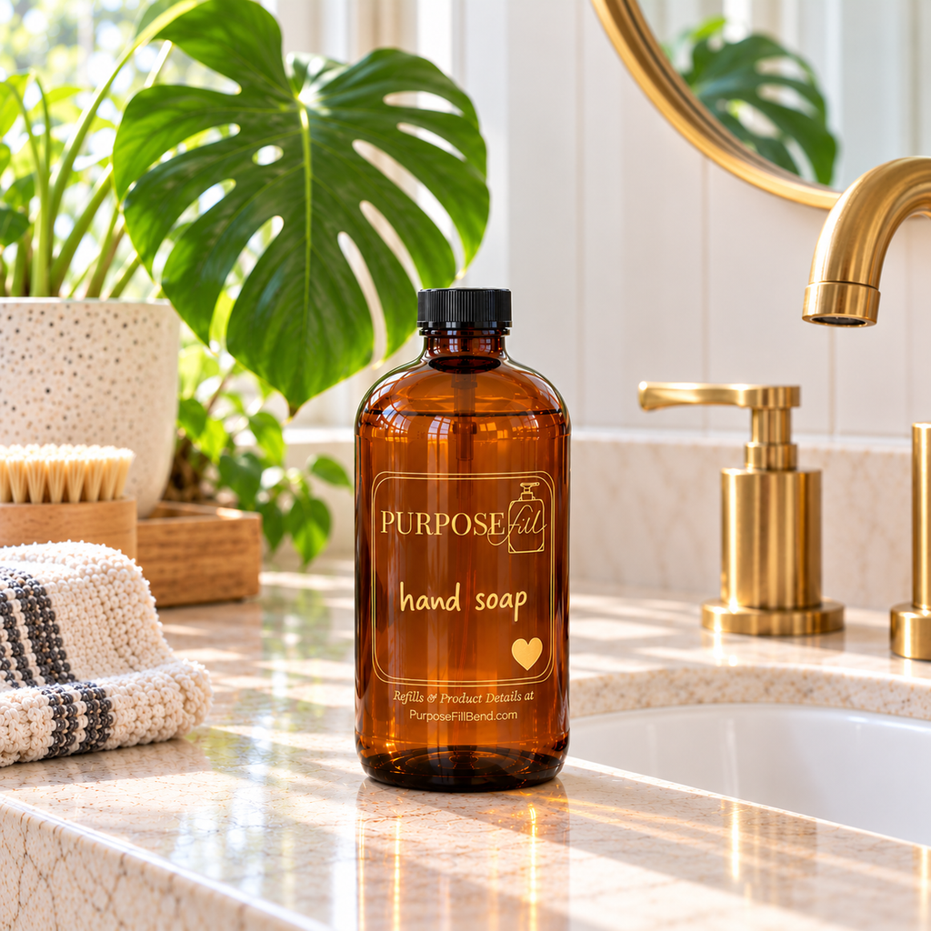 16 oz PurposeFill hand soap refill in a reusable amber glass bottle with black cap and gold lettering on a bright bathroom counter.