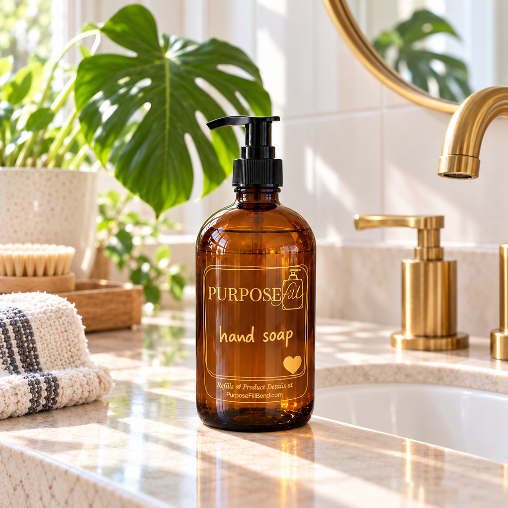 16 oz PurposeFill refillable hand soap in an amber glass bottle with black pump and clear gold-lettered label beside a bathroom sink in Bend, Oregon.