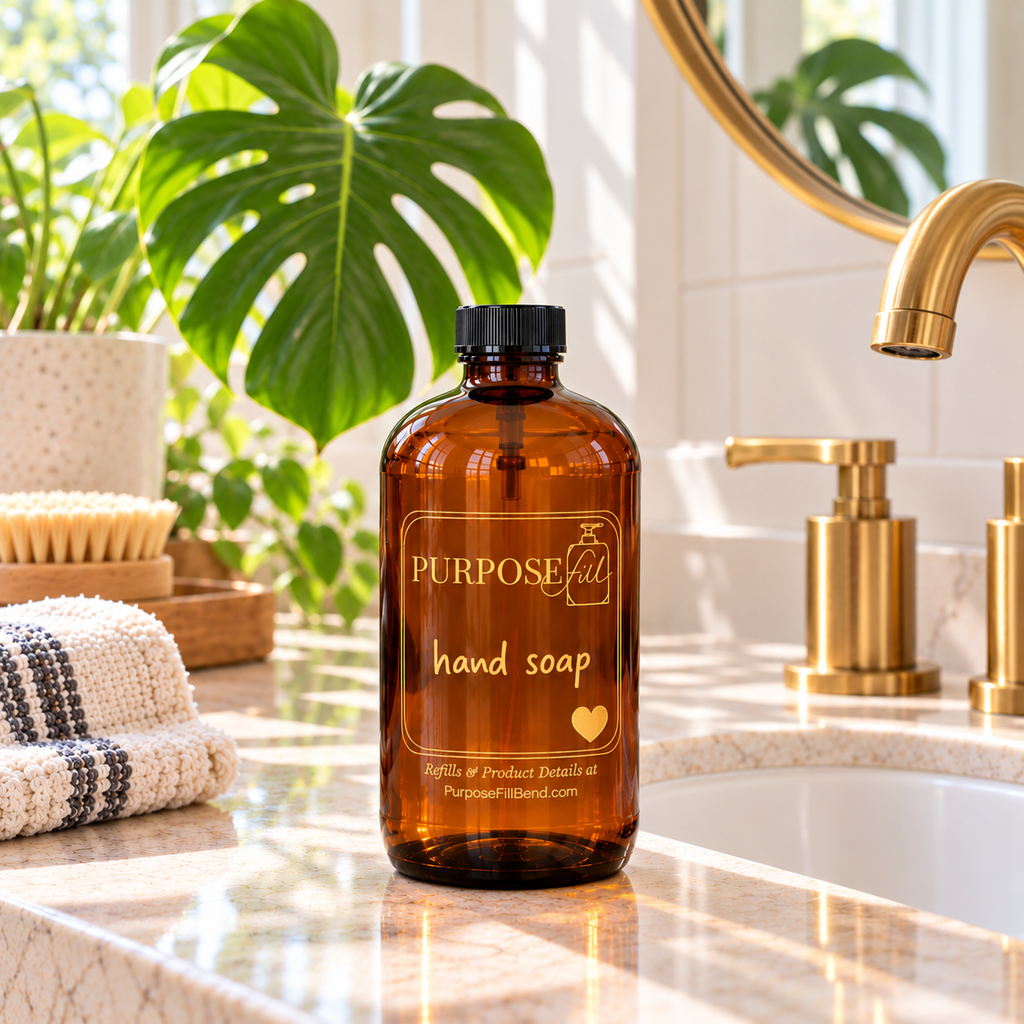 32 oz PurposeFill hand soap refill in an amber glass bottle with black cap and transparent gold-lettered label in a sunlit bathroom with monstera greenery.
