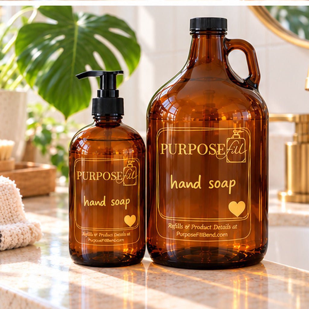 PurposeFill refillable hand soap starter kit with 16 oz amber glass pump bottle and 64 oz growler, featuring clear gold-lettered labels on a bright bathroom counter.