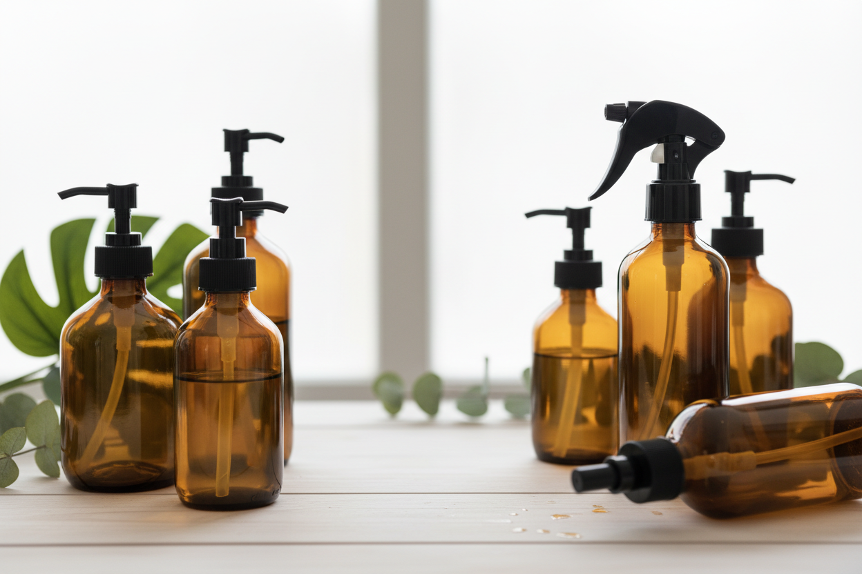 PurposeFill hero banner with amber bottles, black pumps and trigger sprays