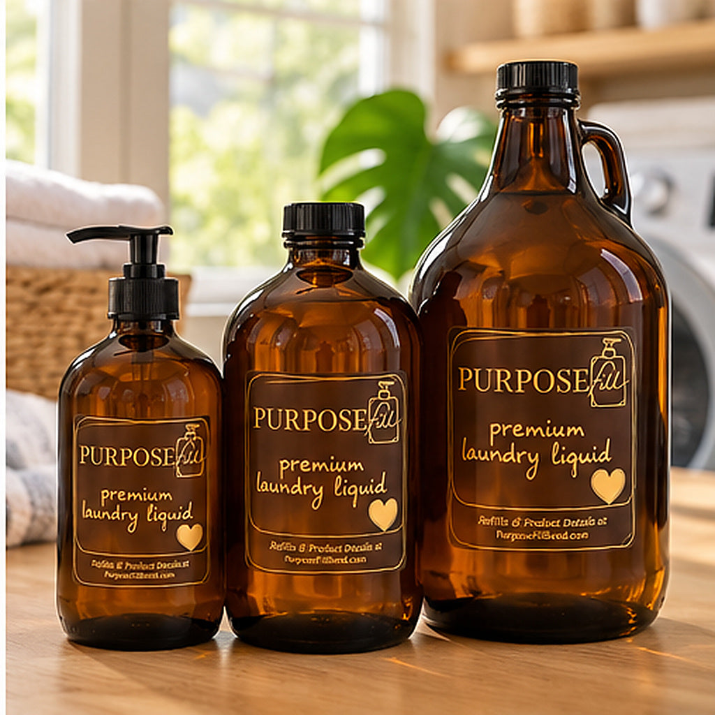 PurposeFill Premium Laundry Liquid refills in Bend, Oregon, shown in 16 oz, 32 oz, and 64 oz amber glass bottles in a bright laundry room.