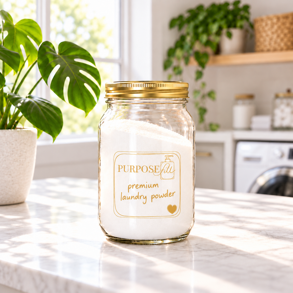 32 oz PurposeFill Premium Laundry Powder refill in a clear glass jar with gold lid and handwritten label in a light, plant-filled laundry room.