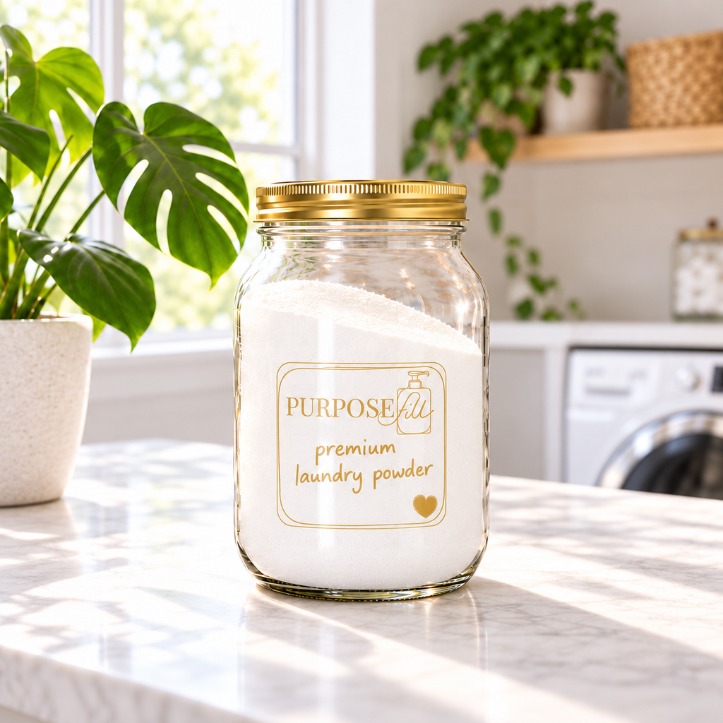 64 oz PurposeFill Premium Laundry Powder refill in a clear glass jar with gold lid in a bright laundry room in Bend, Oregon.