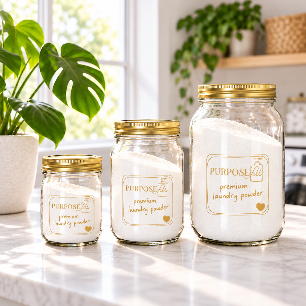 PurposeFill Premium Laundry Powder refills in Bend, Oregon, shown in 16 oz, 32 oz, and 64 oz clear glass jars with gold lids in a bright laundry room.
