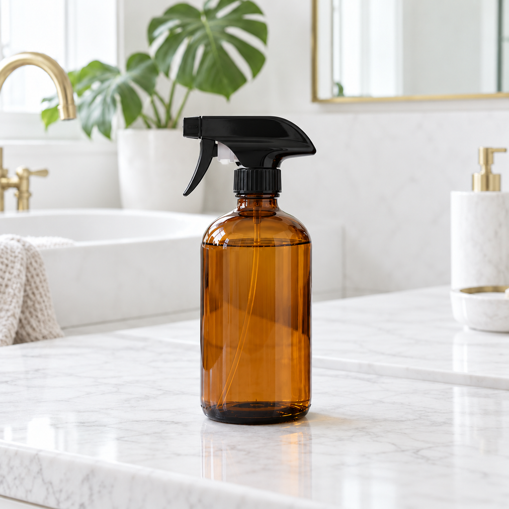 16 oz amber spray bottle of toilet bowl cleaner refill on a bright bathroom counter with monstera plant, PurposeFill Bend Oregon.