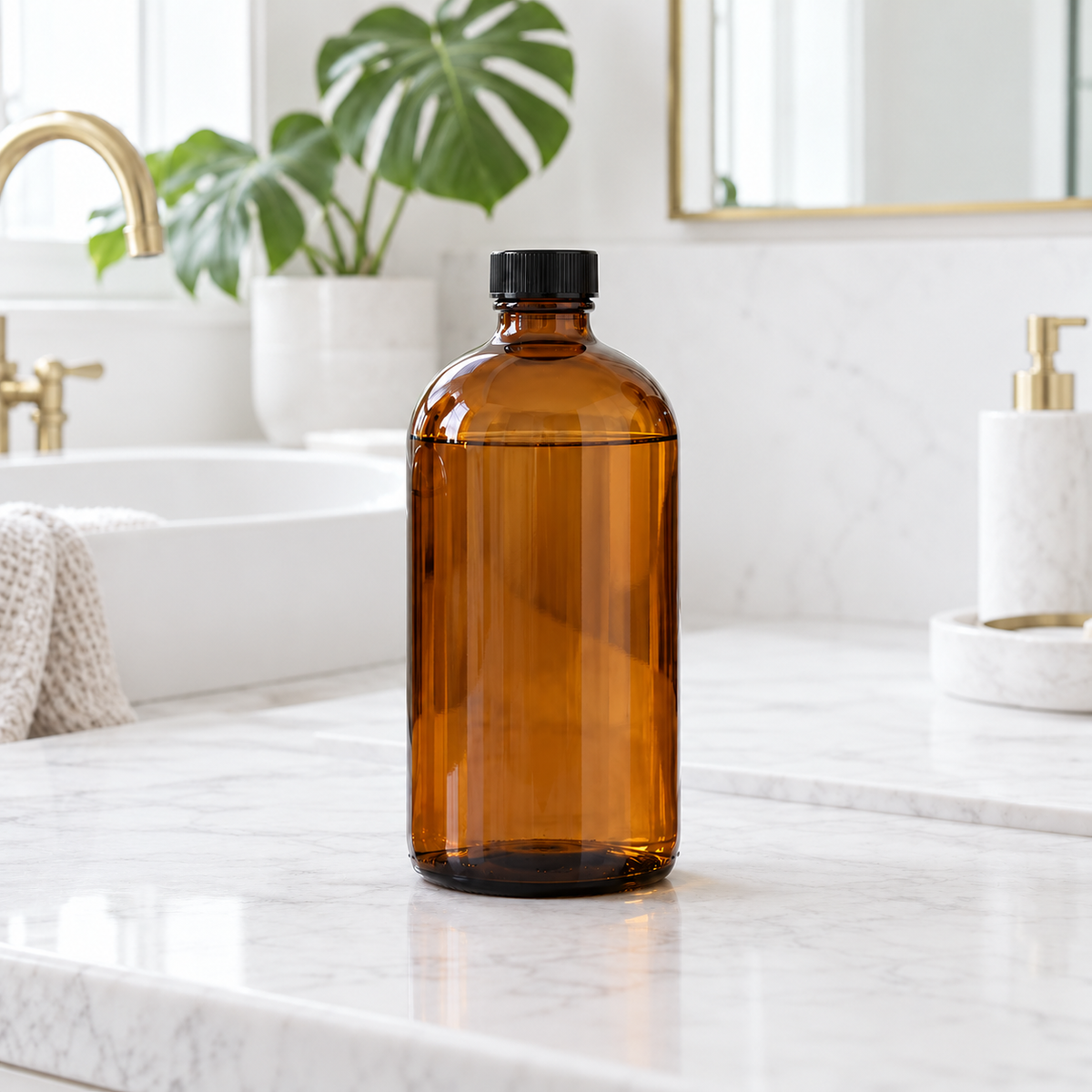 32 oz amber glass bottle of toilet bowl cleaner refill with black cap on a bathroom vanity, PurposeFill Bend Oregon.