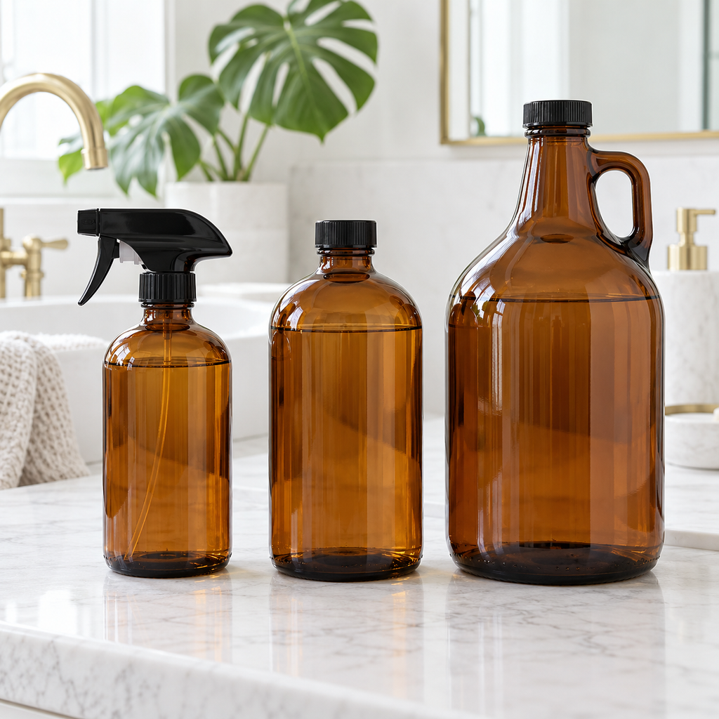 refills-bend-oregon-all-sizes.png	Toilet bowl cleaner refill bottles in all sizes: 16 oz spray bottle, 32 oz bottle, and 64 oz amber growler in a bright bathroom, PurposeFill Bend Oregon.