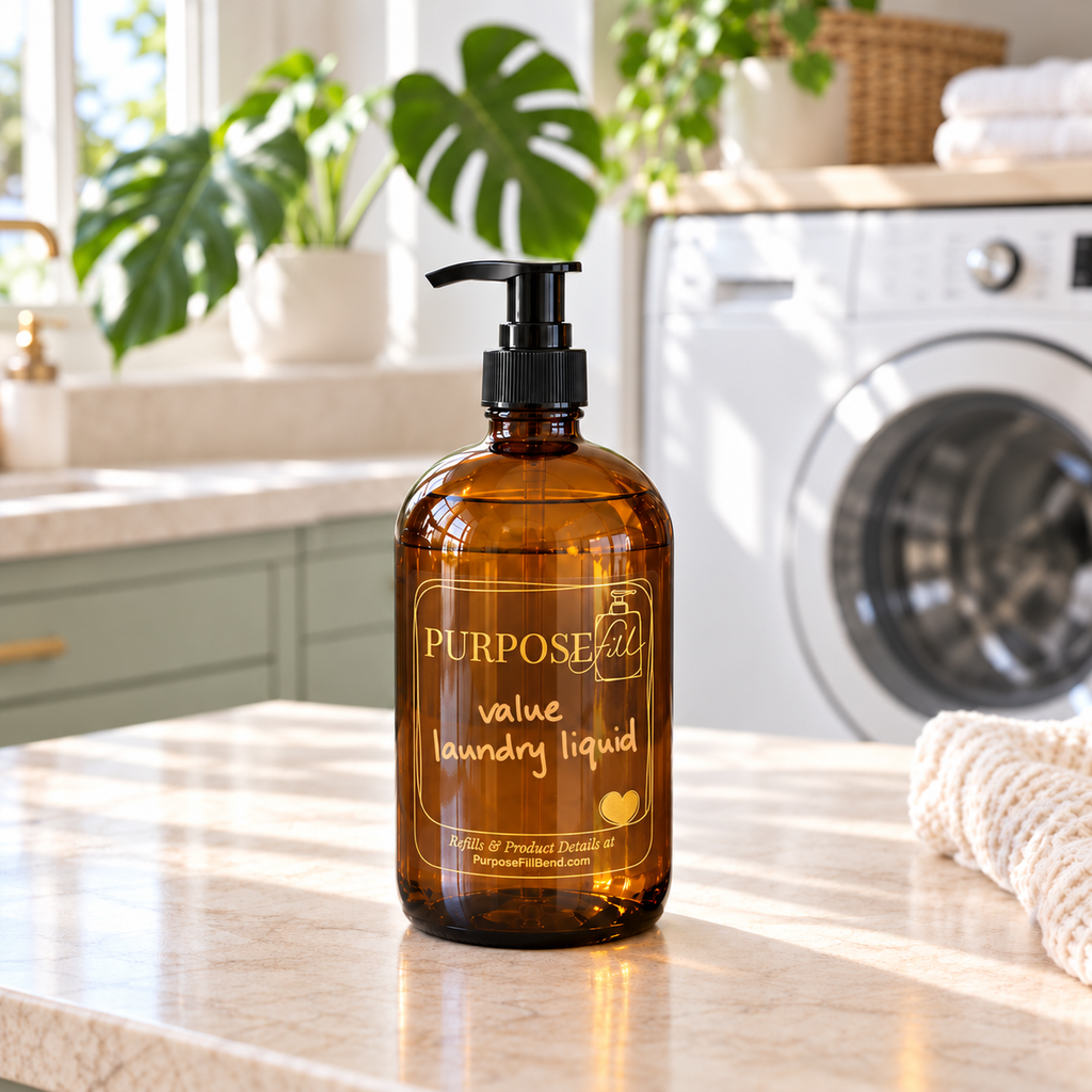 16 oz PurposeFill Value Laundry Liquid in an amber glass bottle with black pump top in a bright laundry room in Bend, Oregon.