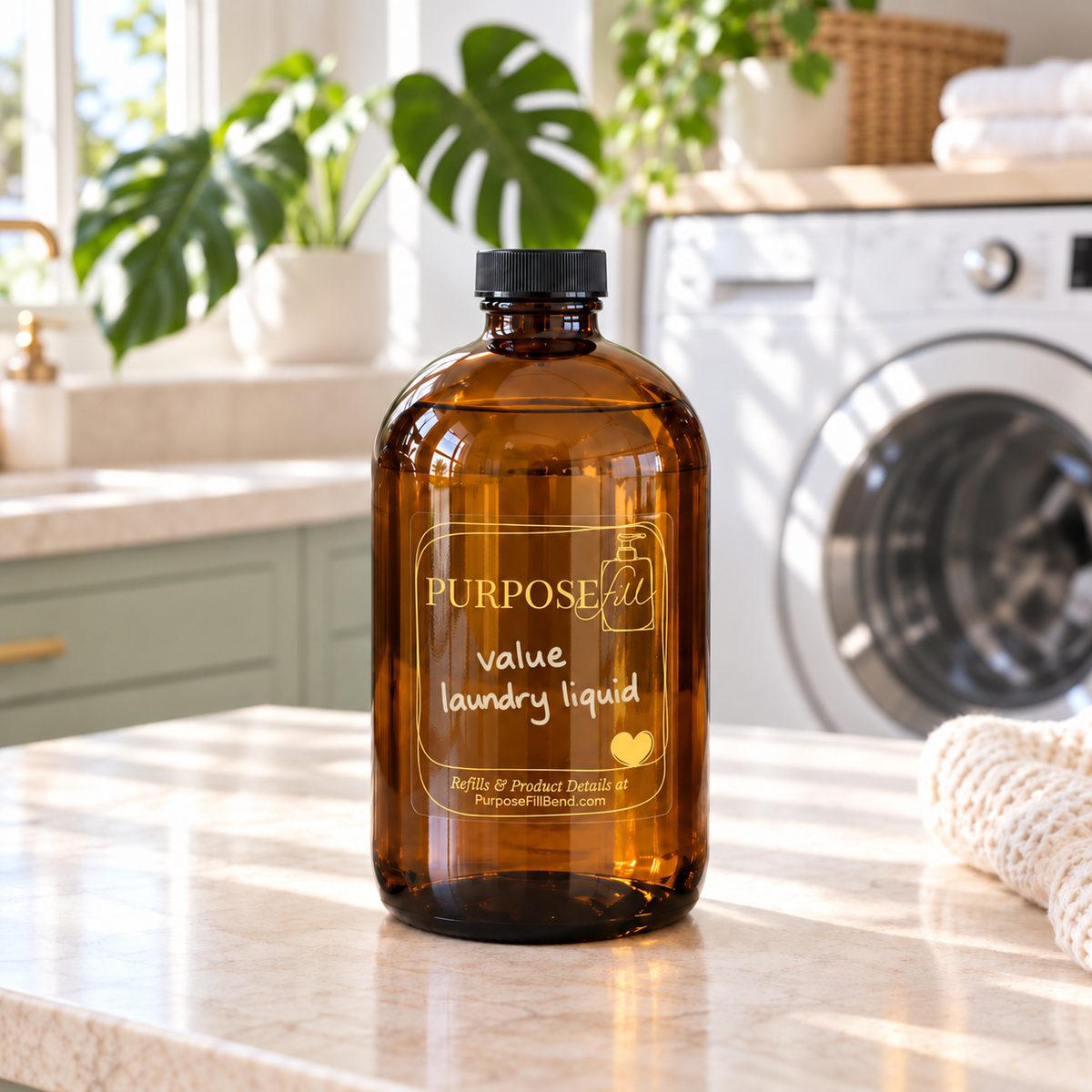 32 oz PurposeFill Value Laundry Liquid refill in an amber glass bottle with black cap in a bright laundry room in Bend, Oregon.