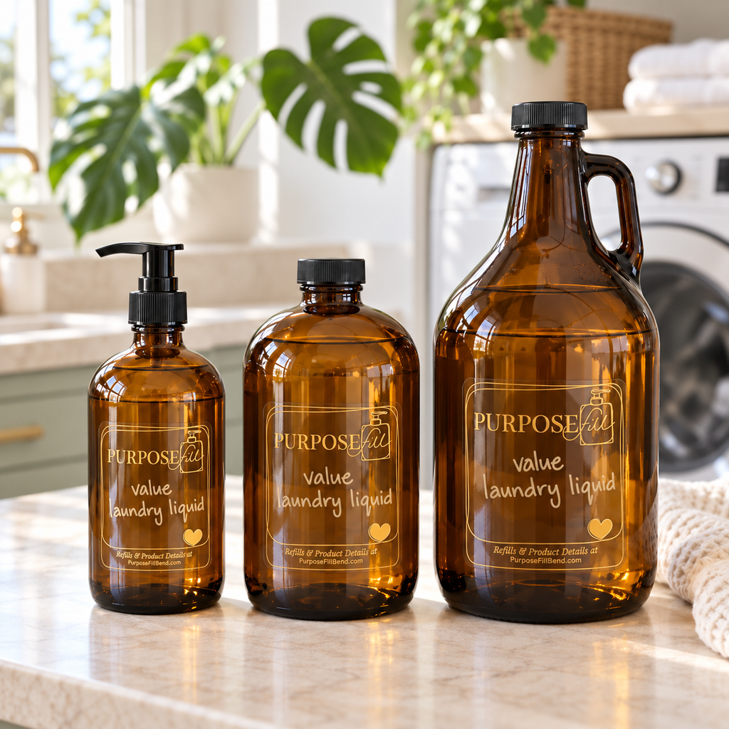 PurposeFill Value Laundry Liquid refills in Bend, Oregon, shown in 16 oz, 32 oz, and 64 oz amber glass bottles in a bright laundry room.