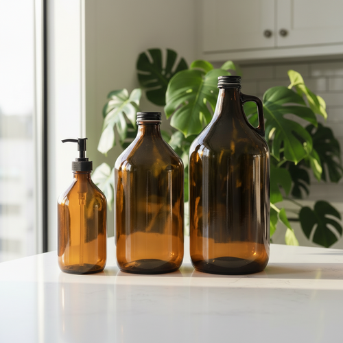 Three brown glass bottles on a kitchen counter with plants in the background