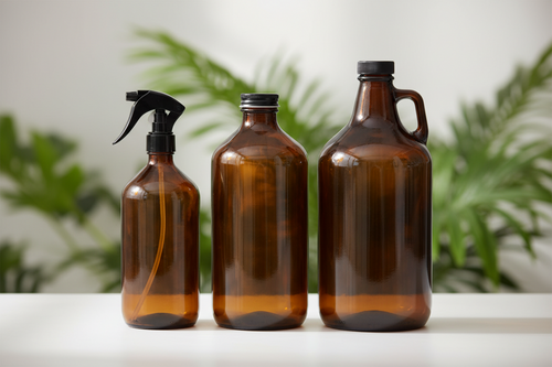 Three brown glass bottles of varying sizes on a white surface with a blurred green plant background.